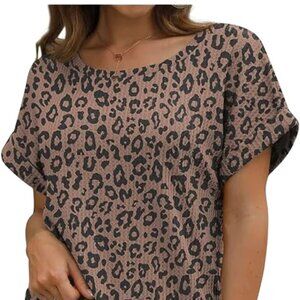 NWT Iwollence Top Womens L Tan Black Leopard Print Waffle Knit Crew Neck T-Shirt